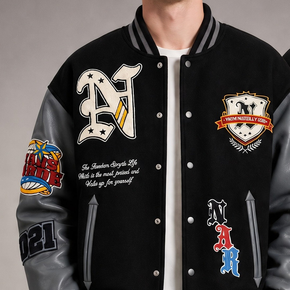 Simple Life Varsity Jacket - Black and Grey Faux Leather Sleeve Letterman Bomber
