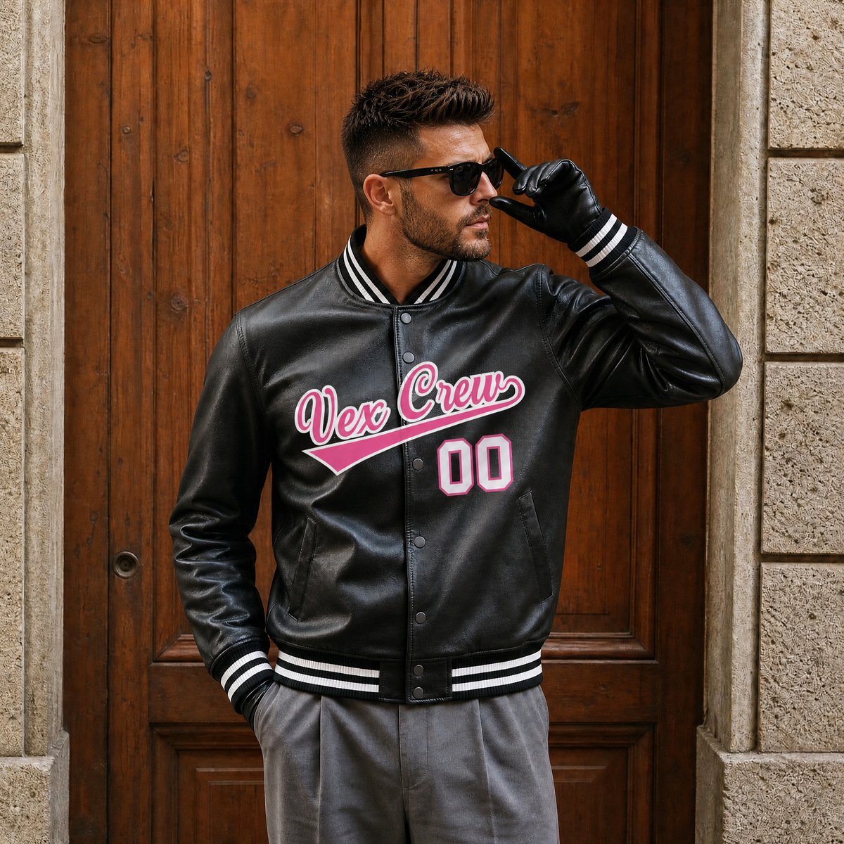Custom Black Pink White Jacket Full-Snap Varsity Faux Leather Letterman Jacket