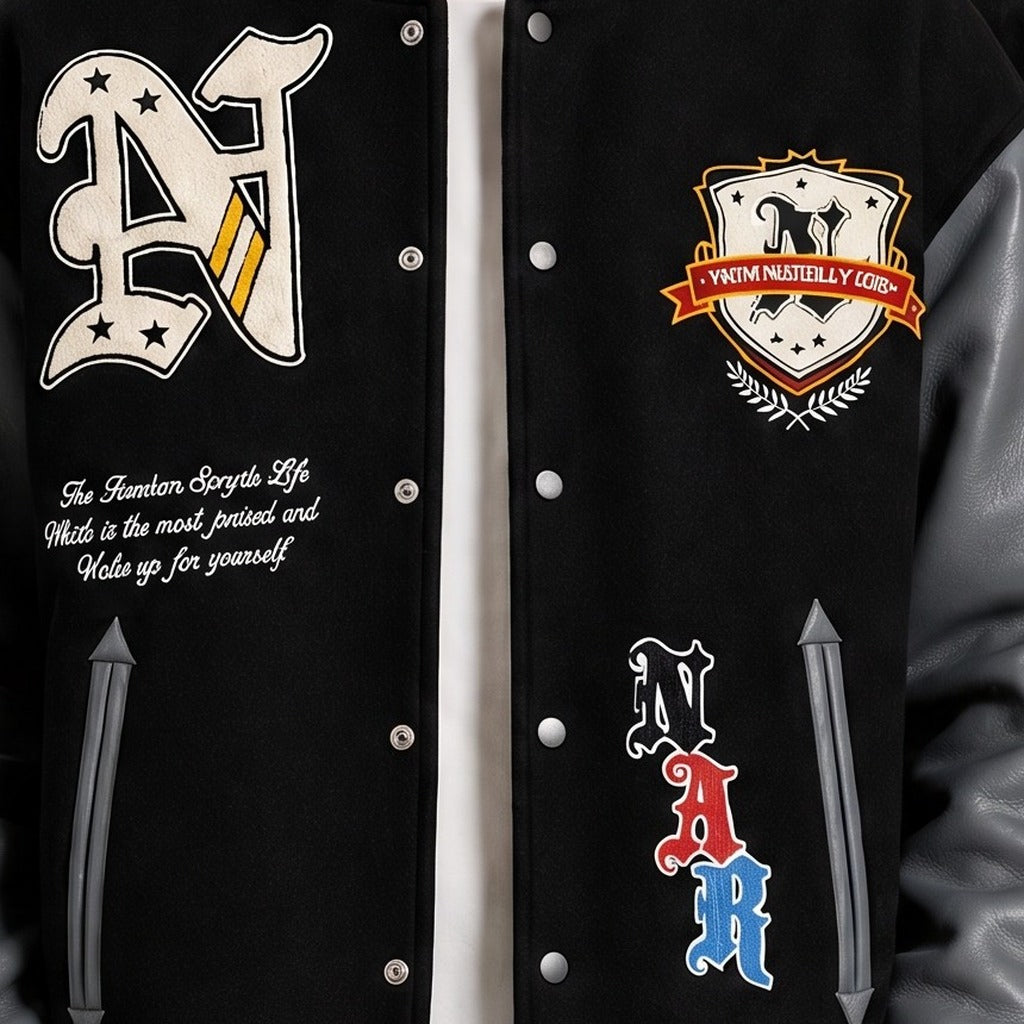 Simple Life Varsity Jacket - Black and Grey Faux Leather Sleeve Letterman Bomber