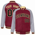 Personalized Crimson & Gray & Khaki Striped Trim Satin Full-Snap Varsity Jacket - front view