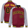 Custom Crimson & Gray & Gold Striped Trim Satin Full-Snap Varsity Jacket - front view