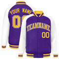 Custom Purple & White & Gold Striped Trim Satin Full-Snap Varsity Jacket - front view