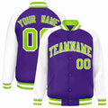 Personalized Purple & White & Neon Green Striped Trim Satin Full-Snap Varsity Jacket - front view