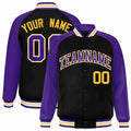 Custom Black & Purple & Gold Striped Trim Satin Full-Snap Varsity Jacket - front view