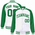 Custom White & Green Striped Trim Satin Full-Snap Varsity Jacket - front view
