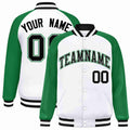 Personalized White & Green & Black Striped Trim Satin Full-Snap Varsity Jacket - front view