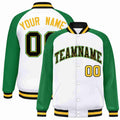 Custom White & Green & Gold Striped Trim Satin Full-Snap Varsity Jacket - front view