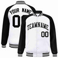 Custom White & Black Striped Trim Satin Full-Snap Varsity Jacket - front view