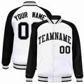 Personalized White & Black & Gray Striped Trim Satin Full-Snap Varsity Jacket - front view