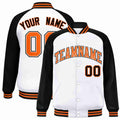 Custom White & Black & Orange Striped Trim Satin Full-Snap Varsity Jacket - front view