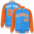 Custom Powder Blue & Orange & White Striped Trim Satin Full-Snap Varsity Jacket - front view