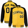 Personalized Gold & Black & White Striped Trim Satin Full-Snap Varsity Jacket - front view