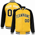 Custom Gold & Black & White Striped Trim Satin Full-Snap Varsity Jacket - front view
