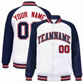 Custom White & Navy & Red Striped Trim Satin Full-Snap Varsity Jacket - front view