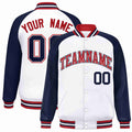 Personalized White & Navy & Red Striped Trim Satin Full-Snap Varsity Jacket - front view
