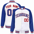 Custom White & Royal Blue & Red Striped Trim Satin Full-Snap Varsity Jacket - front view