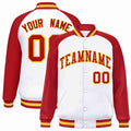 Personalized White & Red & Gold Striped Trim Satin Full-Snap Varsity Jacket - front view