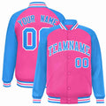 Custom Pink & Powder Blue & White Striped Trim Satin Full-Snap Varsity Jacket - front view