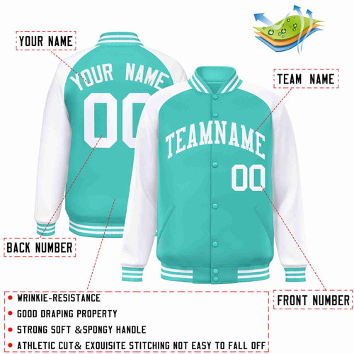 Custom Aqua & White Striped Trim Satin Full-Snap Varsity Jacket - custom view