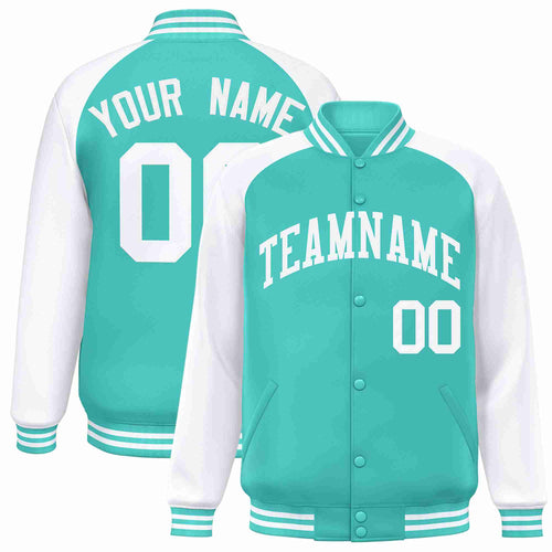 Custom Aqua & White Striped Trim Satin Full-Snap Varsity Jacket - front view