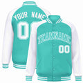Personalized Aqua & White Striped Trim Satin Full-Snap Varsity Jacket - front view