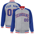 Custom Gray & Royal Blue & Red Striped Trim Satin Full-Snap Varsity Jacket - front view
