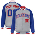 Custom Gray & Royal Blue & Red Striped Trim Satin Full-Snap Varsity Jacket - front view