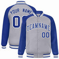 Personalized Gray & Royal Blue & White Striped Trim Satin Full-Snap Varsity Jacket - front view