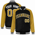 Custom Black & Old Gold & White Striped Trim Satin Full-Snap Varsity Jacket - front view