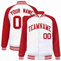 Custom White & Red Striped Trim Satin Full-Snap Varsity Jacket - front view