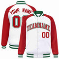 Personalized White & Red & Green Striped Trim Satin Full-Snap Varsity Jacket - front view