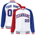 Custom White & Royal Blue & Red Striped Trim Satin Full-Snap Varsity Jacket - front view