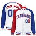 Custom White & Royal Blue & Red Striped Trim Satin Full-Snap Varsity Jacket - front view