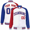 Personalized White & Royal Blue & Red Striped Trim Satin Full-Snap Varsity Jacket - front view