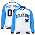Custom White & Powder Blue & Navy Striped Trim Satin Full-Snap Varsity Jacket - front view