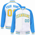 Custom White & Powder Blue & Gold Striped Trim Satin Full-Snap Varsity Jacket - front view