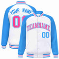 Personalized White & Powder Blue & Pink Striped Trim Satin Full-Snap Varsity Jacket - front view