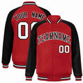 Custom Red & Black & White Striped Trim Satin Full-Snap Varsity Jacket - front view