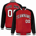Personalized Red & Black & White Striped Trim Satin Full-Snap Varsity Jacket - front view