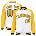 Custom White & Gold & Black Striped Trim Satin Full-Snap Varsity Jacket - front view