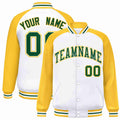 Personalized White & Gold & Green Striped Trim Satin Full-Snap Varsity Jacket - front view