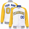Custom White & Gold & Royal Blue Striped Trim Satin Full-Snap Varsity Jacket - front view