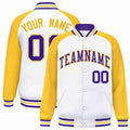 Custom White & Gold & Purple Striped Trim Satin Full-Snap Varsity Jacket - front view