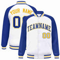 Custom White & Royal Blue & Gold Striped Trim Satin Full-Snap Varsity Jacket - front view