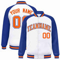 Personalized White & Royal Blue & Orange Striped Trim Satin Full-Snap Varsity Jacket - front view