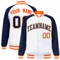 Custom White & Navy & Orange Striped Trim Satin Full-Snap Varsity Jacket - front view
