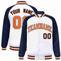 Personalized White & Navy & Orange Striped Trim Satin Full-Snap Varsity Jacket - front view