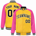 Custom Gold & Pink & Black Striped Trim Satin Full-Snap Varsity Jacket - front view