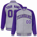 Custom Gray & Purple & White Striped Trim Satin Full-Snap Varsity Jacket - front view