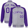Custom Gray & Purple & White Striped Trim Satin Full-Snap Varsity Jacket - front view
